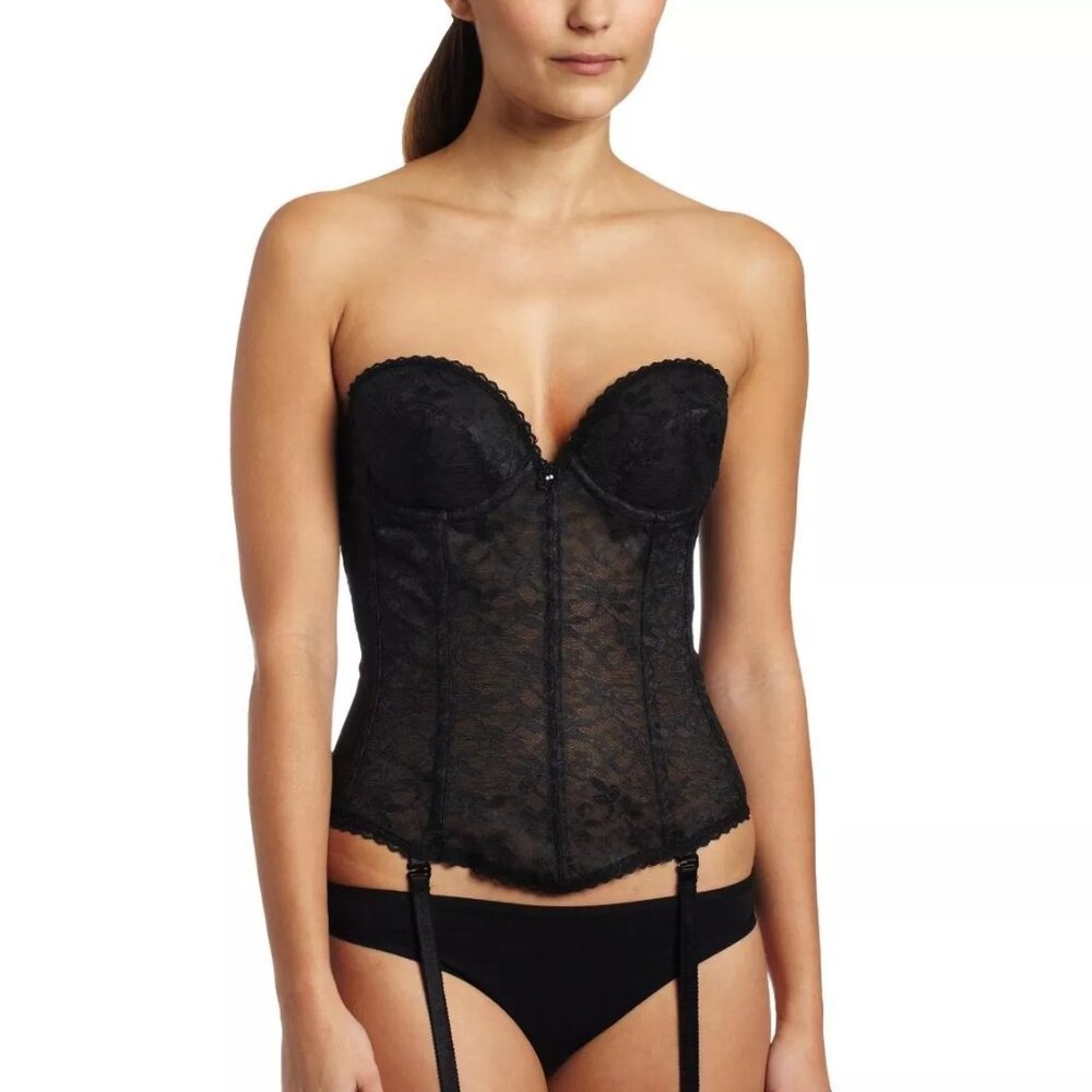 Frederick's of Hollywood 9803 Black Strapless Bustier Bra low Front 32B,34B C, D
